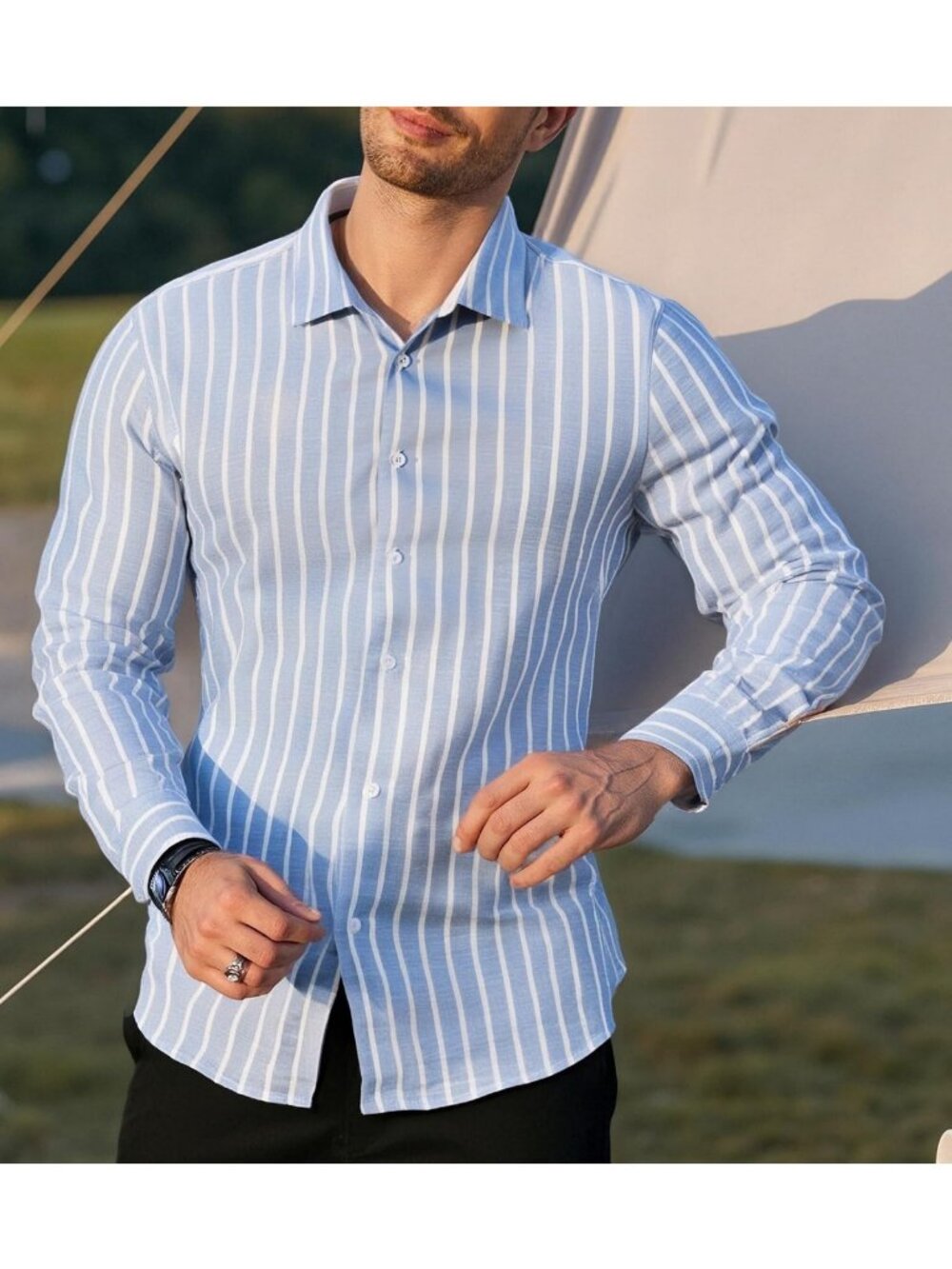 Men's Striped Linen Long Sleeve Button Down Beach Shirt - Lightweight & Stylish - Picture 2 of 8